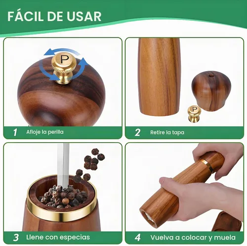 Vista 8 de Juego de molinillo de sal y pimienta de madera de acacia con base, molinillo de pimienta manual de 8 pulgadas con grosor ajustable, juego de 2