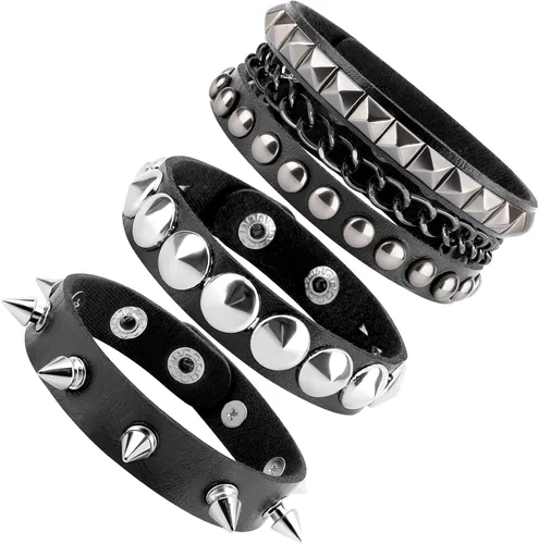 Vista 8 de Pulsera con tachuelas, Spike Punk Goth Punk de cuero para mujeres y hombres