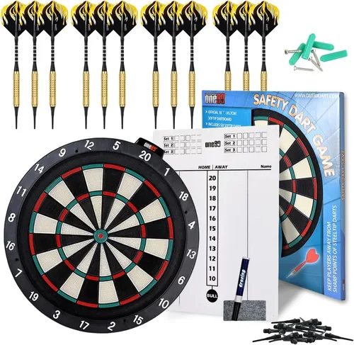 Vista 7 de ONE80 Tablero de plástico de 18 pies con 12 dardos de punta suave, 20 puntas adicionales, kit de montaje