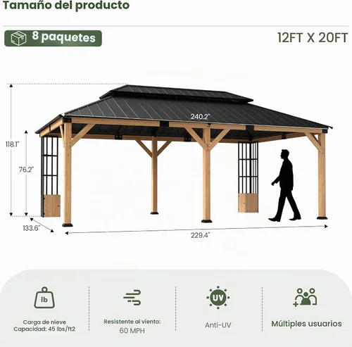 Vista 2 de Gazebo de madera para exteriores de 12 x 20 pies, cenador de techo rígido con doble techo de acero galvanizado, kiosco de patio con patas de madera