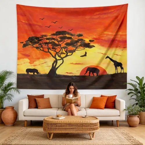 Vista 4 de BROSHAN Tapiz de animales pequeños, pintados a mano con diseño de safari africano, elefante, árbol, silueta de árbol, tapices de tela para colgar