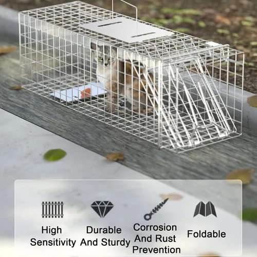 Vista 6 de Trampa de jaula de animales vivos, mapache, trampa plegable de hierro galvanizado para gatos callejeros, gatitos humanos para mapaches, gatos Plata