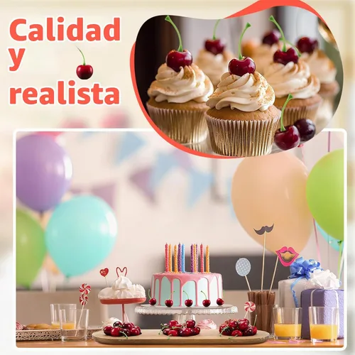 Vista 4 de Skylety 30 piezas de cerezas falsas artificiales de cerezas, decoraciones de fiesta de cereza de simulación para decoración de pasteles, hogar Rojo
