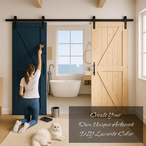 Vista 3 de S&Z TOPHAND® Puerta de granero de 24 x 84 pulgadas, puerta de granero con refuerzo británico sin acabar de 20-60 pulgadas/estilo moderno/madera