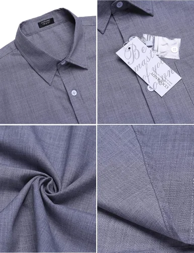 Vista 5 de COOFANDY - Camisa de lino de manga corta con botones estilo informal para hombre, para la playa