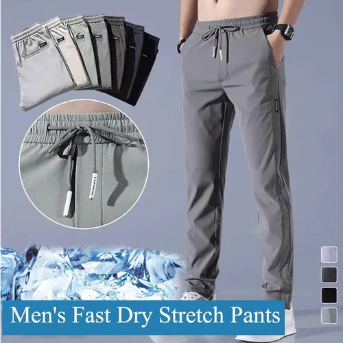 Vista 3 de Pantalones elásticos de secado rápido para hombre, de seda de hielo, transpirables, de secado rápido, pantalones de trabajo de pesca, para correr