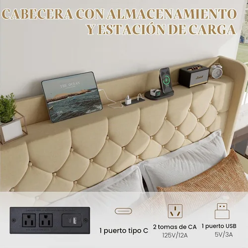 Vista 4 de SHA CERLIN Base de cama de plataforma de tamaño matrimonial con estación de carga, cabecera de lino con estante de almacenamiento, soporte