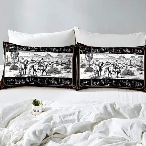 Vista 4 de Manfei Juego de funda de edredón occidental, tamaño individual, juego de ropa de cama de caballo de vaquero de 2 piezas, funda de edredón de cactus