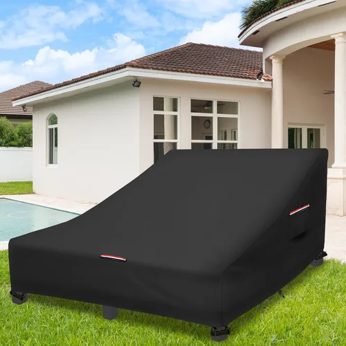 Vista 6 de Funda impermeable para tumbona doble, 600D resistente de 82 pulgadas de ancho doble para tumbona de patio, color negro