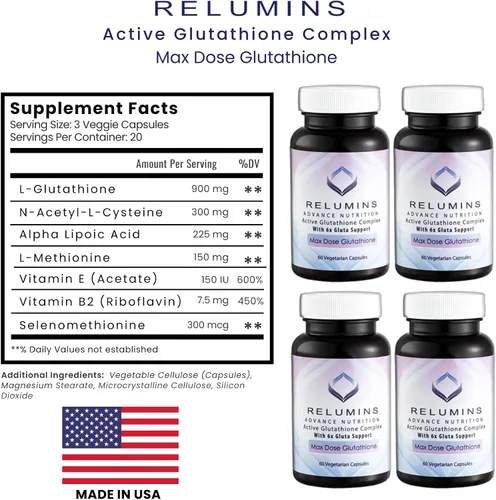 Vista 8 de Relumins Advance White Active Glutathione Complex - Dosis máxima de 900 mg de glutatión con 6 potenciadores, ALA y NAC - Suplemento