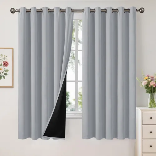 Vista 92 de YoungsTex - Cortinas 100% opacas para dormitorio, con aislamiento térmico y ojales, cortinas oscuras negras con capa pesada para ventana de sala