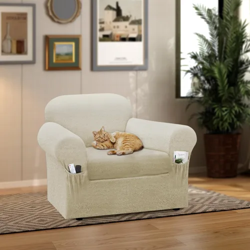 Vista 2 de Funda para silla con bolsillos para reposabrazos, juego de 2 piezas, funda elástica de piel sintética para sillones (se adapta a 31-45 pulgadas)