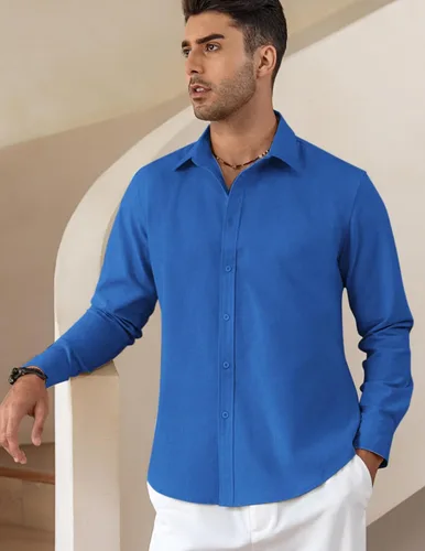 Vista 2 de COOFANDY Camisas de lino de manga larga con botones para hombre