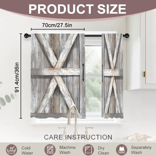 Vista 2 de Cortinas cortas de cocina de poliéster con estampado para puerta de granero, 27.5 pulgadas de ancho x 36 pulgadas de largo, cortinas de puerta