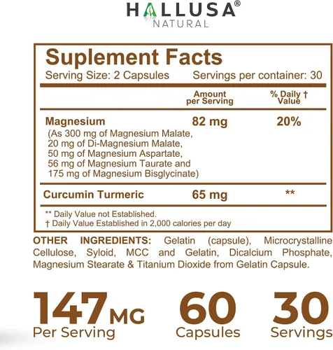 Vista 9 de HALL4 Magnesio 60 cápsulas – 4 complejos de magnesio malato, aspartato, taurato, bisglicinato y curcumina cúrcuma – energía, función muscular, salud