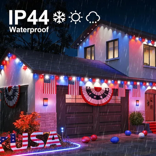 Vista 5 de LAMPHOME Guirnalda de luces LED de estrella roja, blanca y azul, 20 luces LED de hadas con cable transparente, 3 AA impermeables, 8 modos, luces