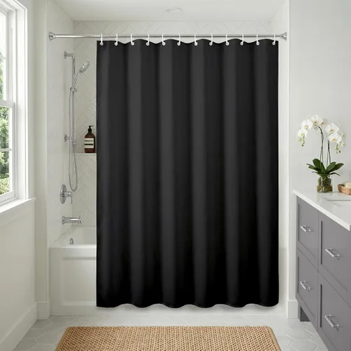Vista 2 de Americanflat 71x74 Cortina de Ducha Sólida Negra - Cortina de Ducha Larga Resistente al Agua con Ojales de Metal Duraderos y 12 Ganchos - 100%