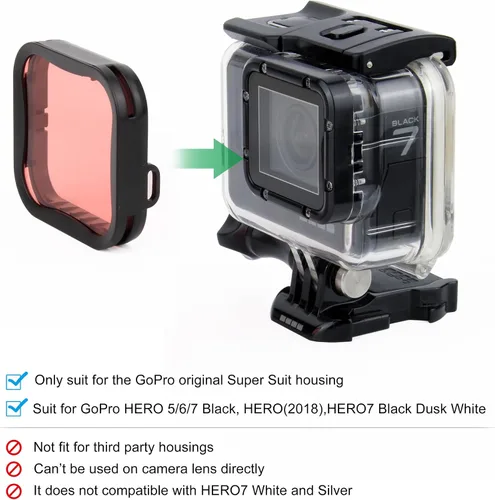 Vista 3 de GEPULY Paquete de 3 filtros de buceo (rojo, rojo claro, magenta) para GoPro Hero 5 6 7 Black Hero (2018) Super Suit Housing - Corrección
