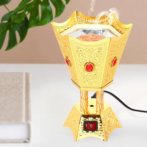 Vista 4 de Bakhoor - Quemador eléctrico de incienso de mesa estilo Oriente Medio, incensario eléctrico de mesa, quemador de incienso de metal para el hogar