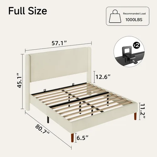 Vista 2 de Base de cama matrimonial, plataforma tapizada Boucle con cabecera con respaldo de alas, fuerte soporte de listones de madera, base de colchón sin