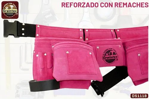 Vista 8 de Graintex DS1118 Cinturón de herramientas rosa de 8 bolsillos en cuero de gamuza con cinturón de 2 pulgadas, 2 bucles de cuero para martillo