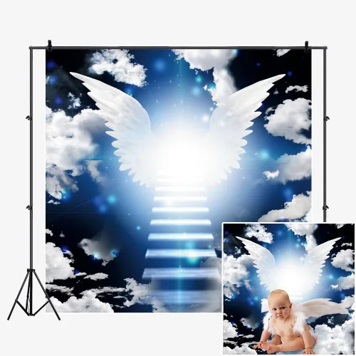 Vista 10 de Telón de fondo de alas de ángel de 4 x 4 pies, tema enviado al cielo recién nacido, baby shower, fotografía, fondo azul cielo blanco, nube santo