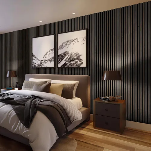 Vista 4 de MSI Paquete de 4 paneles de pared de listones de madera acústica para decoración de interiores, paneles de madera acanalados 3D que absorben