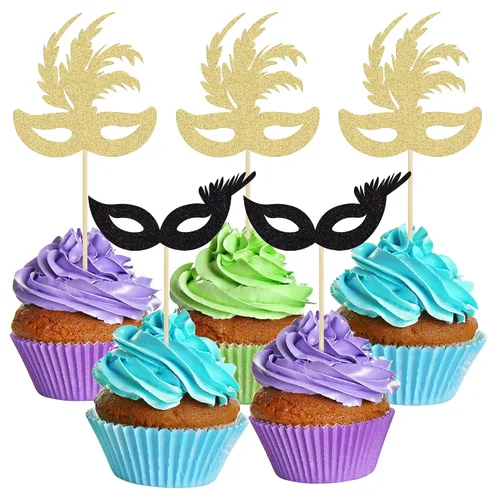 Vista 7 de Gyufise 24 máscaras de mascarada para cupcakes con purpurina para despedida de soltera, para cupcakes, comida y frutas, baile de máscaras, Mardi