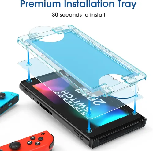 Vista 2 de amFilm OneTouch - Protector de pantalla de cristal diseñado para Nintendo Switch modelo 2017, con kit de alineación automática, sin burbujas paquete