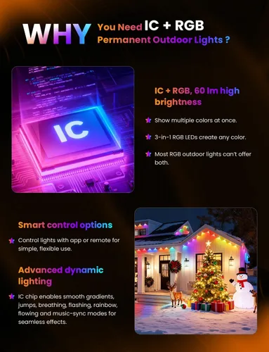 Vista 3 de Luces exteriores permanentes para casa, luces inteligentes impermeables RGB+IC IP67 para aleros, 200 pies con 100 LED, iluminación eterna