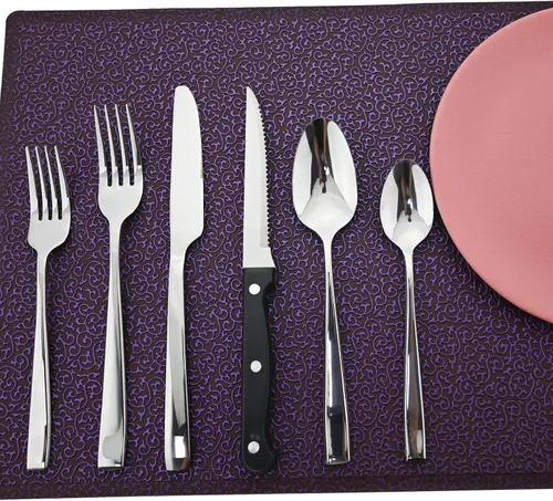 Vista 10 de Juego de cubiertos de mango grueso de 24 piezas, acero inoxidable 18/10 negro antiguo con cuchillo para carne, juego de cubiertos pulidos de espejo
