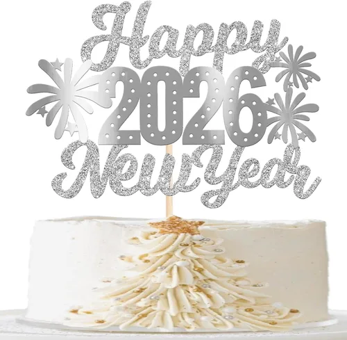 Vista 17 de 1 paquete de decoración para tartas con purpurina de fuegos artificiales para 2026 Año Nuevo 2026, decoración para pasteles de bienvenida 2026