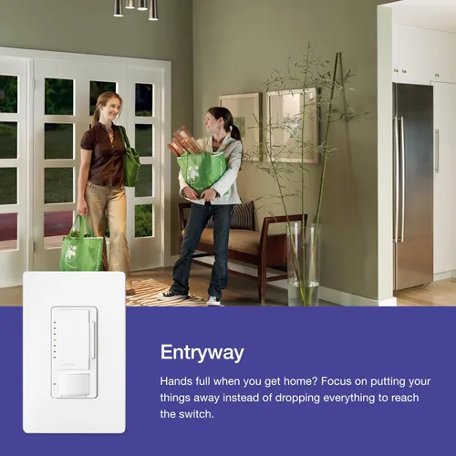 Vista 3 de Lutron Maestro Interruptor LED+ con sensor de movimiento/atenuador con placa de pared 150W LED Un polo/múltiples ubicaciones MSWCL-OP153M-WH