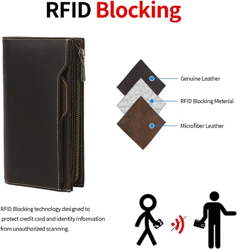 Vista 7 de Cartera de cuero de grano completo con bloqueo RFID para hombres con ranuras para tarjetas, bolsillo para monedas, ventana de identificación