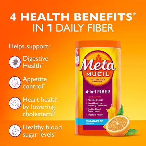 Vista 2 de Metamucil 4-en-1 suplemento de fibra de cáscara de psyllium, sin azúcar, 180 cucharaditas, sabor a naranja, polvo de fibra diaria para la salud