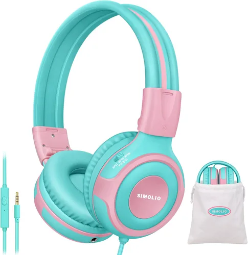 Vista 10 de SIMOLIO Auriculares para niños con 75 dB, 85 dB, 94 dB de volumen limitado y compartido, auriculares para niñas con micrófono, auriculares duraderos
