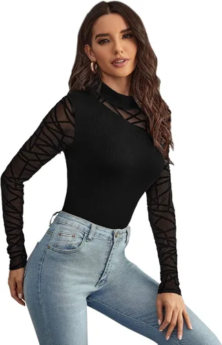 Vista 4 de Romwe Body de manga larga con estampado geométrico para mujer, elástico, sexy, para fiesta