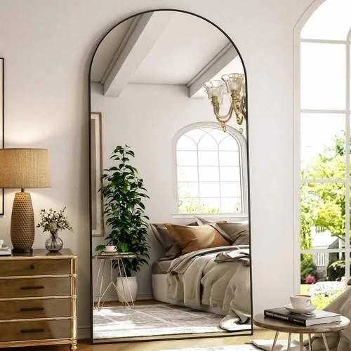 Vista 10 de Espejo de Cuerpo Entero 56"x21" - Espejo de Cuerpo Arqueado de Pie con Marco de Aluminio, Inclinado/Colgante para Dormitorio Vestidor Sala de Estar