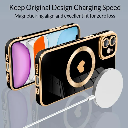 Vista 2 de tharlet Funda Magnética para iPhone 11 [Compatible con Magsafe] Lindo Corazón de Amor de Lujo Chapado Borde Dorado Parachoques con Lente de Cámara