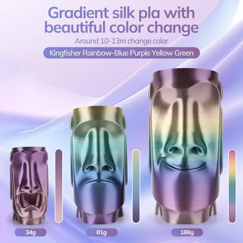 Vista 3 de AMOLEN Filamento PLA de Seda para Impresora 3D, Filamento PLA Kingfisher Rainbow Multicolor Brillante 1.75mm, Filamento de Impresión 3D PLA