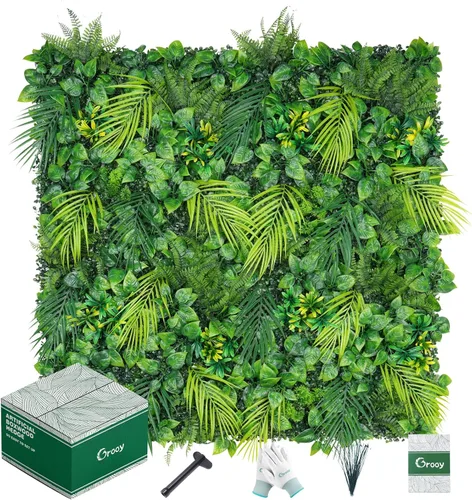 Vista 8 de Grooy Pared de césped artificial de seto de 20 x 20 pulgadas, 6 paneles de boj, paneles de fondo de vegetación, pantalla de valla de privacidad