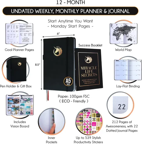 Vista 2 de Life Planner - Agenda diaria, semanal y mensual sin fecha con sección de presupuesto, un viaje de 12 meses para aumentar la productividad