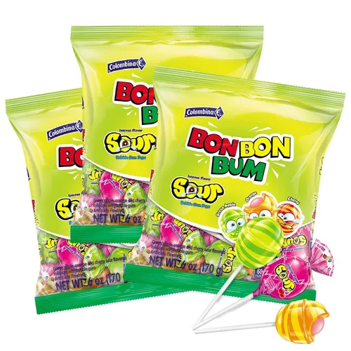 Vista 9 de Colombina Bon Bon Bum - Paletas con centro de chicle, sabor a explosión de bayas, paletas surtidas envueltas individualmente, golosinas