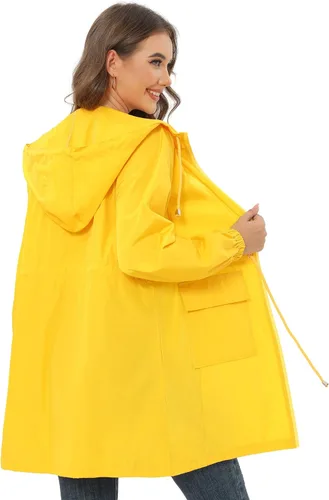 Vista 5 de ETOSELL Chaqueta impermeable para mujer con capucha, para exteriores, larga, plegable, rompevientos ligeros