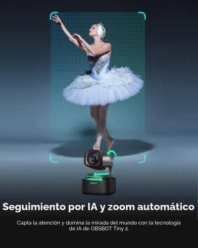 Vista 3 de OBSBOT Tiny 2 - Cámara web 4K con control de voz PTZ, seguimiento por IA en modos múltiples y enfoque automático, cámara web con sensor de 1/1.5