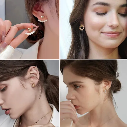 Vista 4 de 68 pares de aretes de oro para mujer, paquete múltiple, hipoalergénicos, surtidos para niñas, múltiples piercings, circonita cúbica, perla