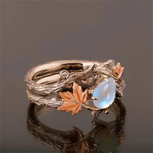 Vista 4 de Anillo de promesa vintage con diseño de hoja de mapel de circonita cúbica para mujer, chapado en oro antiguo, piedra lunar, ópalo, lágrima