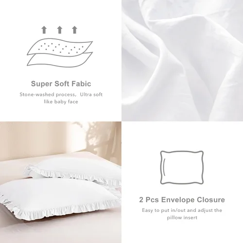 Vista 5 de QSH Edredón blanco brillante con volantes, tamaño individual, 3 piezas, ropa de cama con volantes, estilo bohemio, elegante, desgastado y elegante