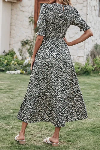 Vista 31 de BTFBM Vestidos para mujer, cuello redondo, casual, de verano, con volantes, manga corta, bohemio, con niveles, fruncido, largo, con estampado floral