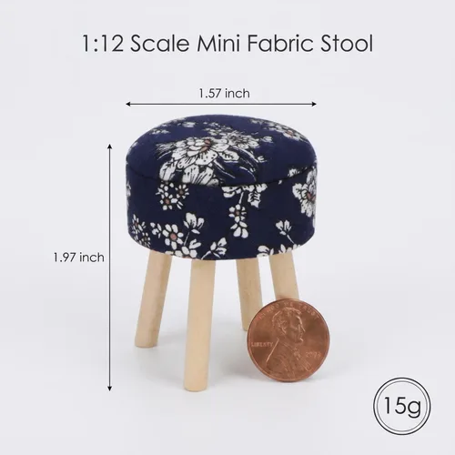 Vista 5 de Taburete de casa de muñecas en miniatura, redondo, tapizado, a escala 1:12, taburete de madera, adorno para casa de muñecas, accesorios